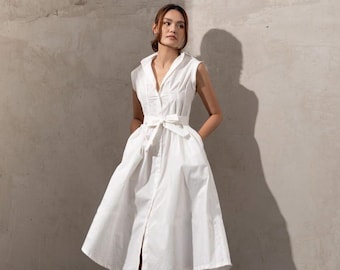 Sleeveless Front Button A-line Linen Dress - Collared Linen Midi Dress in White Available in 50 Colors