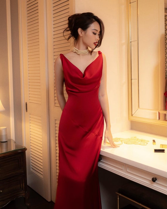 Red Maxi Silk Silk Slip Dress, Open Back With Spaghetti Straps,full Long  Bias Cut Camisole Silky Dress - Etsy