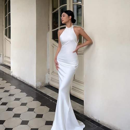 Godet Silk Wedding Dress in White- Maxi Pencil Simple Wedding Dress -  Bridesmaid Dresses - Silk Dress - Gift for Her - Wedding Guest Dress - Etsy