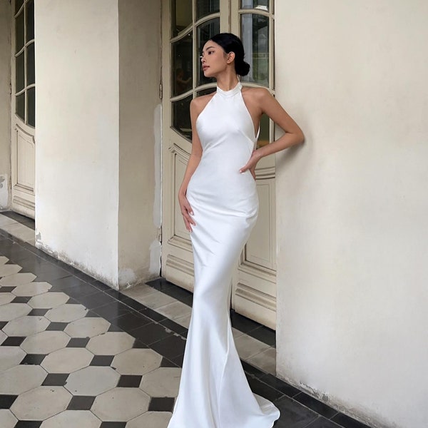 Robe de mariée Godet en soie blanche - Maxi robe de mariée crayon - Robes de demoiselle d'honneur - Robe en soie - Cadeau pour elle - Robe d'invitée de mariage