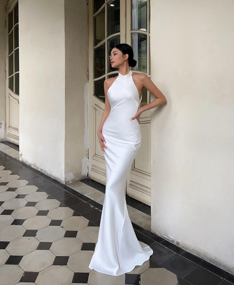 Godet Silk Wedding Dress in White Maxi Pencil Simple Wedding Dress Bridesmaid Dresses Silk Dress Gift For Her Wedding Guest Dress zdjęcie 1