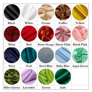 Puede incluir: Una carta de colores con muestras de tela de sat&eacute;n en varios colores. La carta incluye negro, blanco, crema, caf&eacute; y amarillo. Otros colores incluyen vino, rojo, naranja quemado, rosa empolvado, rosa rubor, azul marino, verde azulado, azul acero, azul beb&eacute;, verde agua, verde oliva, lavanda, verde y jade.