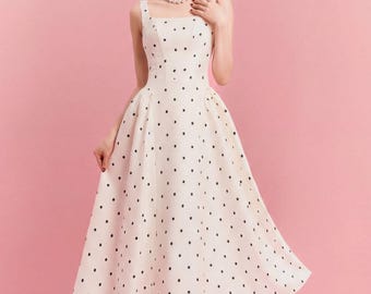 Vintage 1950s Polka Dot Midi Dress, Square Neck A-Line Cocktail Gown, Retro Audrey Hepburn Style Tea Party Dress, Summer Wedding Guest Dress