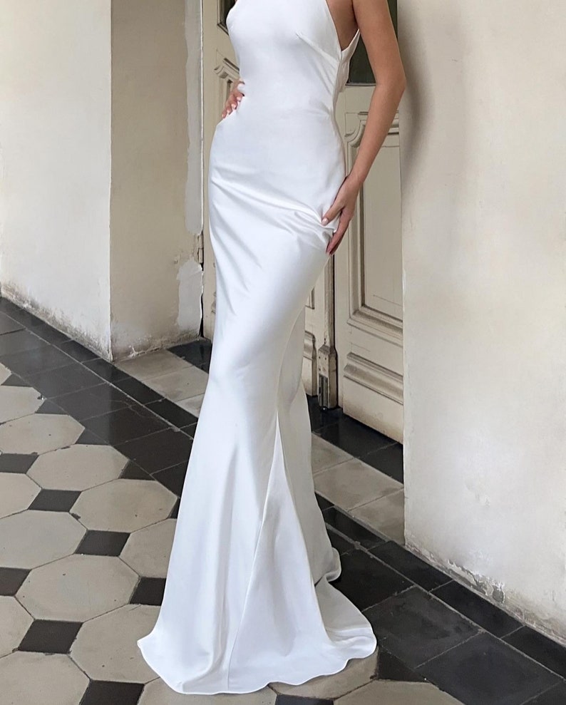 Godet Silk Wedding Dress in White Maxi Pencil Simple Wedding Dress Bridesmaid Dresses Silk Dress Gift For Her Wedding Guest Dress zdjęcie 5