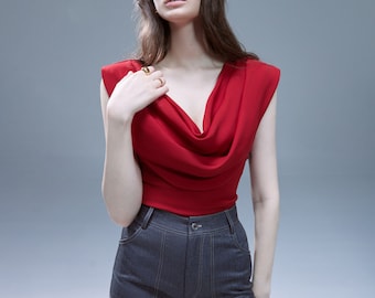 Top de seda con cuello drapeado / Top sin mangas para mujer / Blusa sin mangas / Blusa de seda holgada