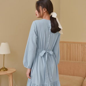 Long Bishop Sleeves Cotton Dress / Loose Cotton Dress with Tie / Self Tie BowKnot / Ruched Frill Tier Cotton Dress / Available in 50 Colors