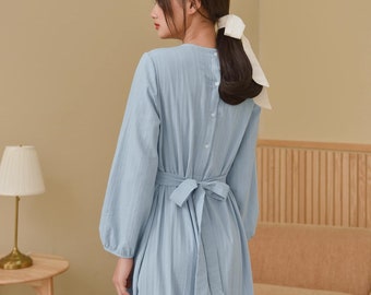 Long Bishop Sleeves Cotton Dress / Loose Cotton Dress with Tie / Self Tie BowKnot / Ruched Frill Tier Cotton Dress / Available in 50 Colors