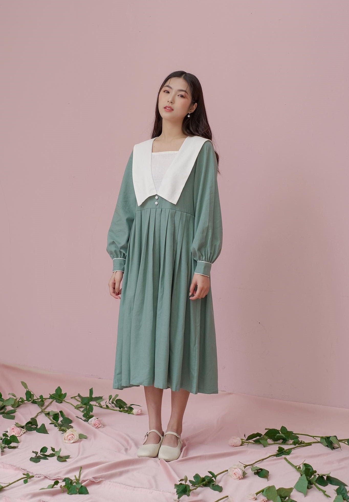 Women Linen MIDI / MAXI Dress with Long Sleeves and White Sailor Collar - Pleated Linen MIDI / MAXi Dress Chelsea Collar and Bishop Sleeves