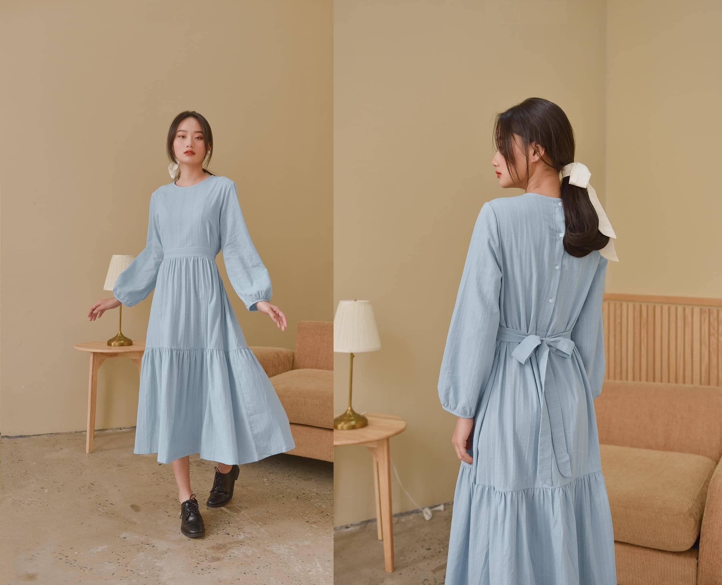 Loose A-Line Cotton Dress/Tie Back Midi Maxi Ruched Frill Trim Tier Available in 50 Colors