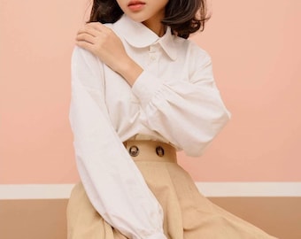 Long Sleeves Linen Blouse with Puff Sleeves - Office Linen Women's Shirt - Linen Blouse - Vintage Linen Shirt for Woman
