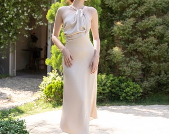 Simple halter wedding guest midi dress, Sleeveless midi dress for reception. Summer Silk dress with a halter neck.