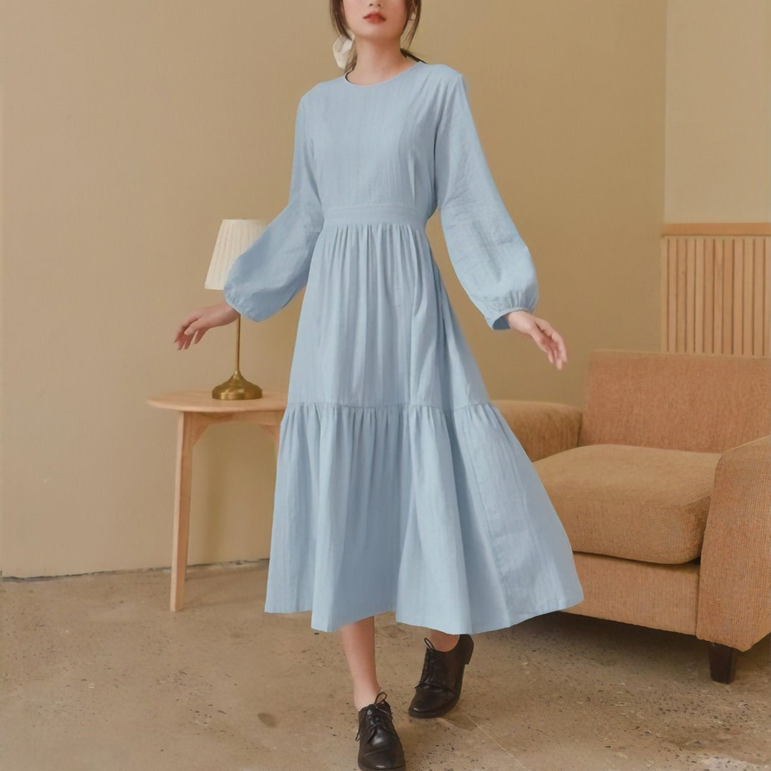 Loose A-line Cotton Dress / Tie Back Midi / Maxi Dress / Ruched Frill