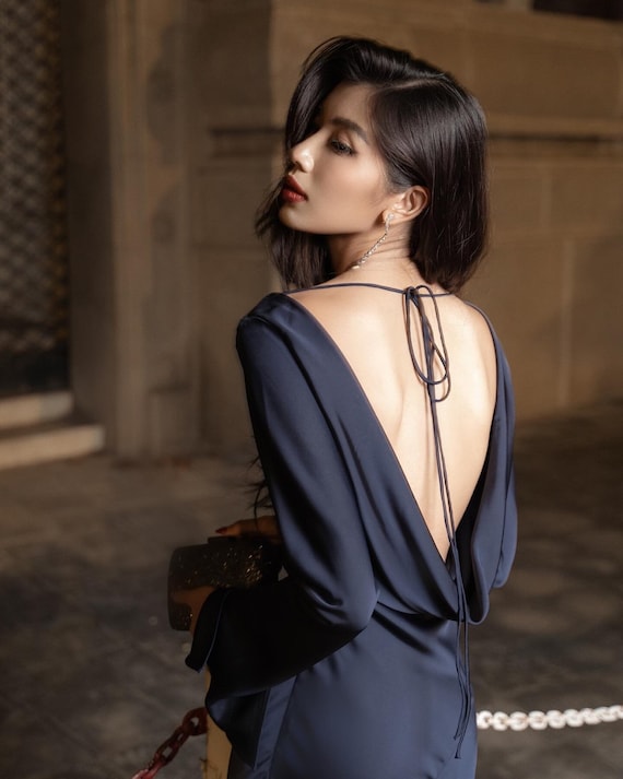 sachin and babi light blue dress Lifetime Navy Satin Cowl Neck Maxi Dress With Cross Back Detail – Club L  London