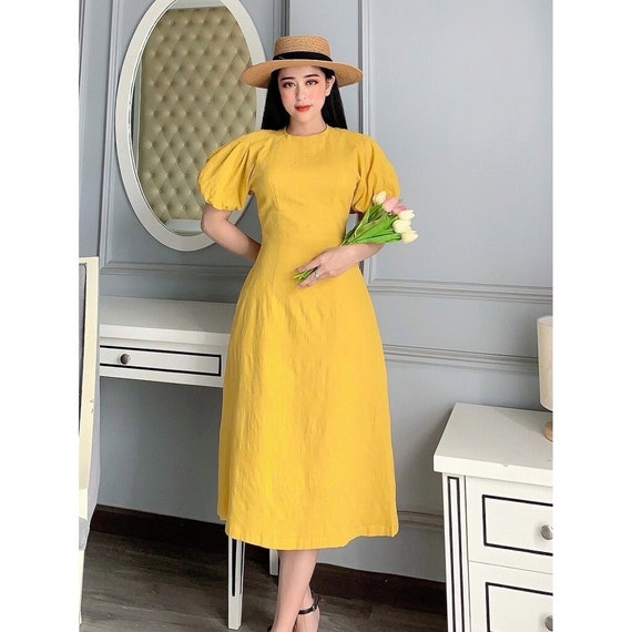 Puff Sleeves Midi / Maxi Linen Dress - Yellow Linen Dress - Available in 50 Colors