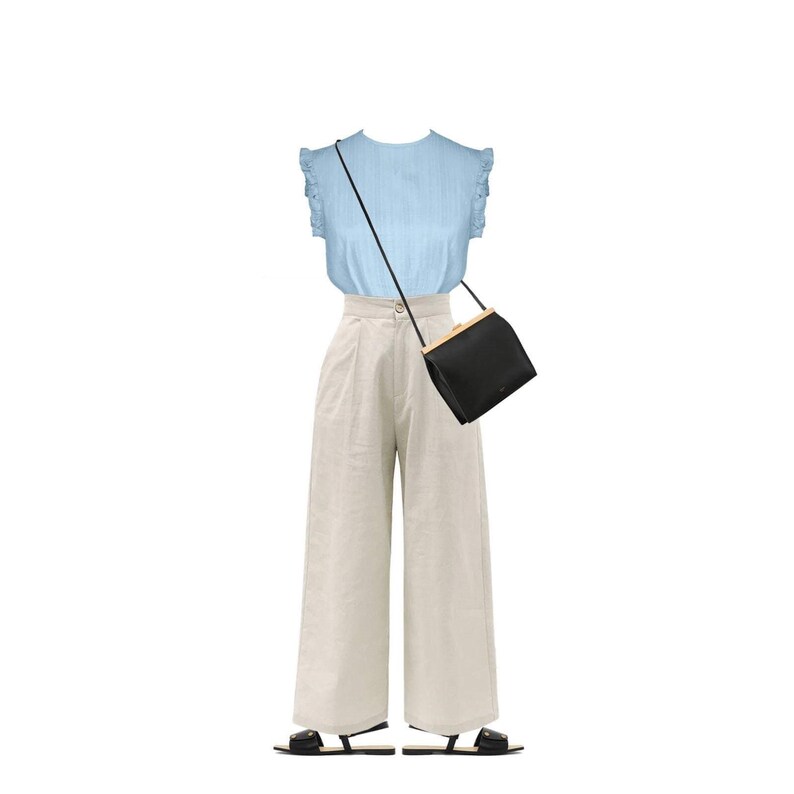 May include: A light blue ruffled blouse with a black crossbody bag and wide-legged beige pants. The outfit is completed with black sandals.