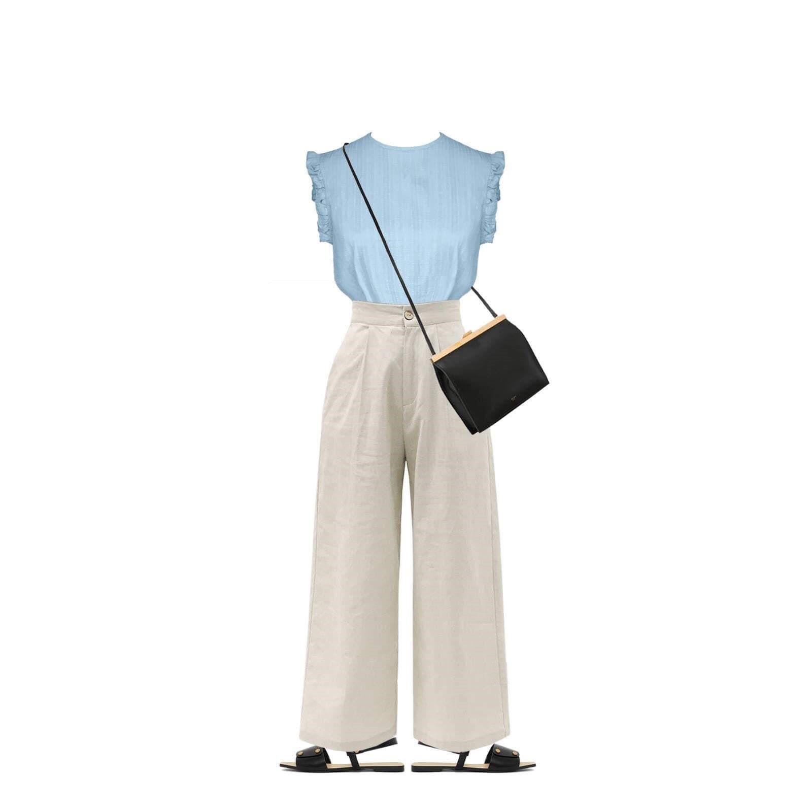 Asymmetric Linen-Blend Top in Baby Blue
