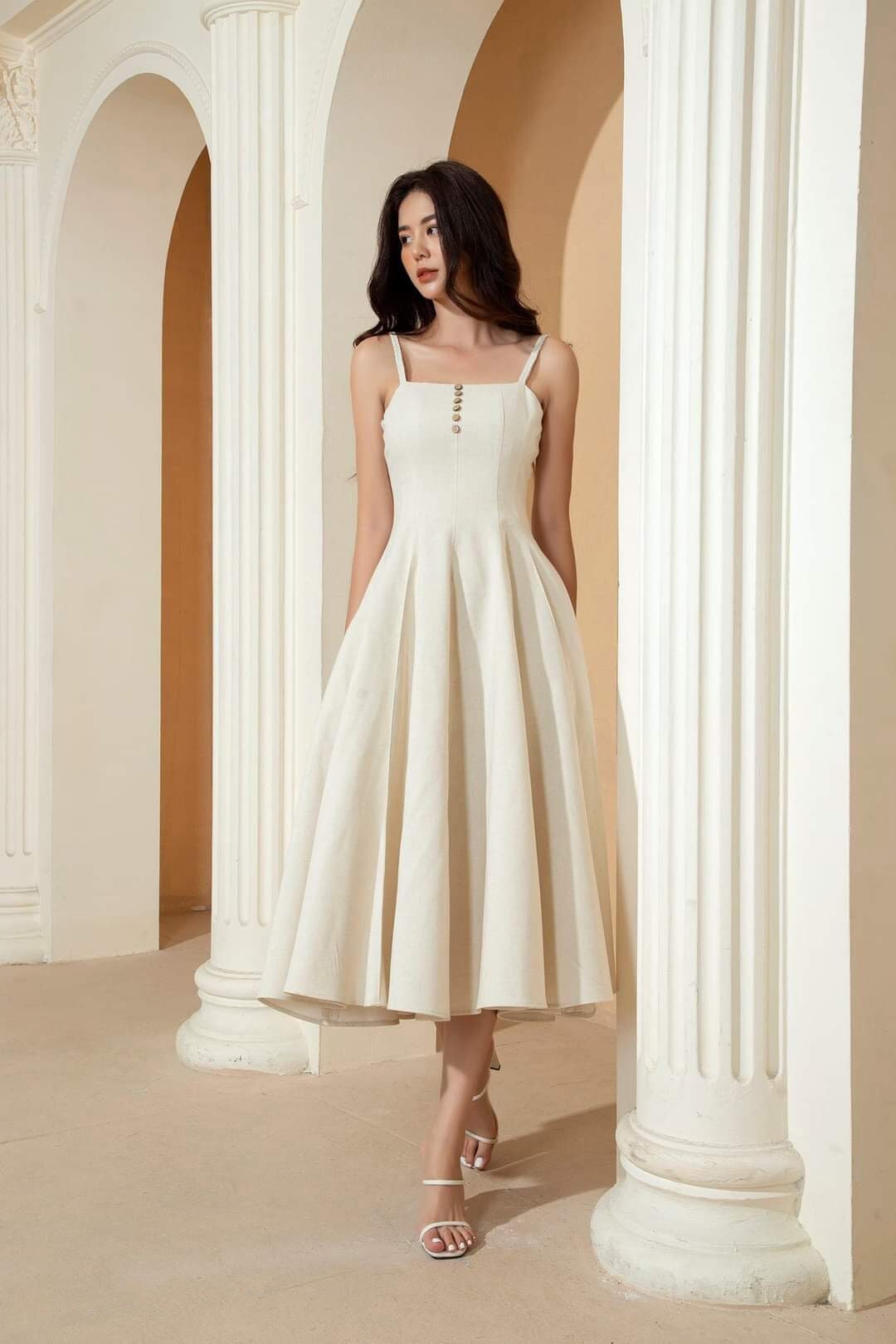Sleeveless Linen Dress - Thin Straps Linen Dress with Front Buttons
