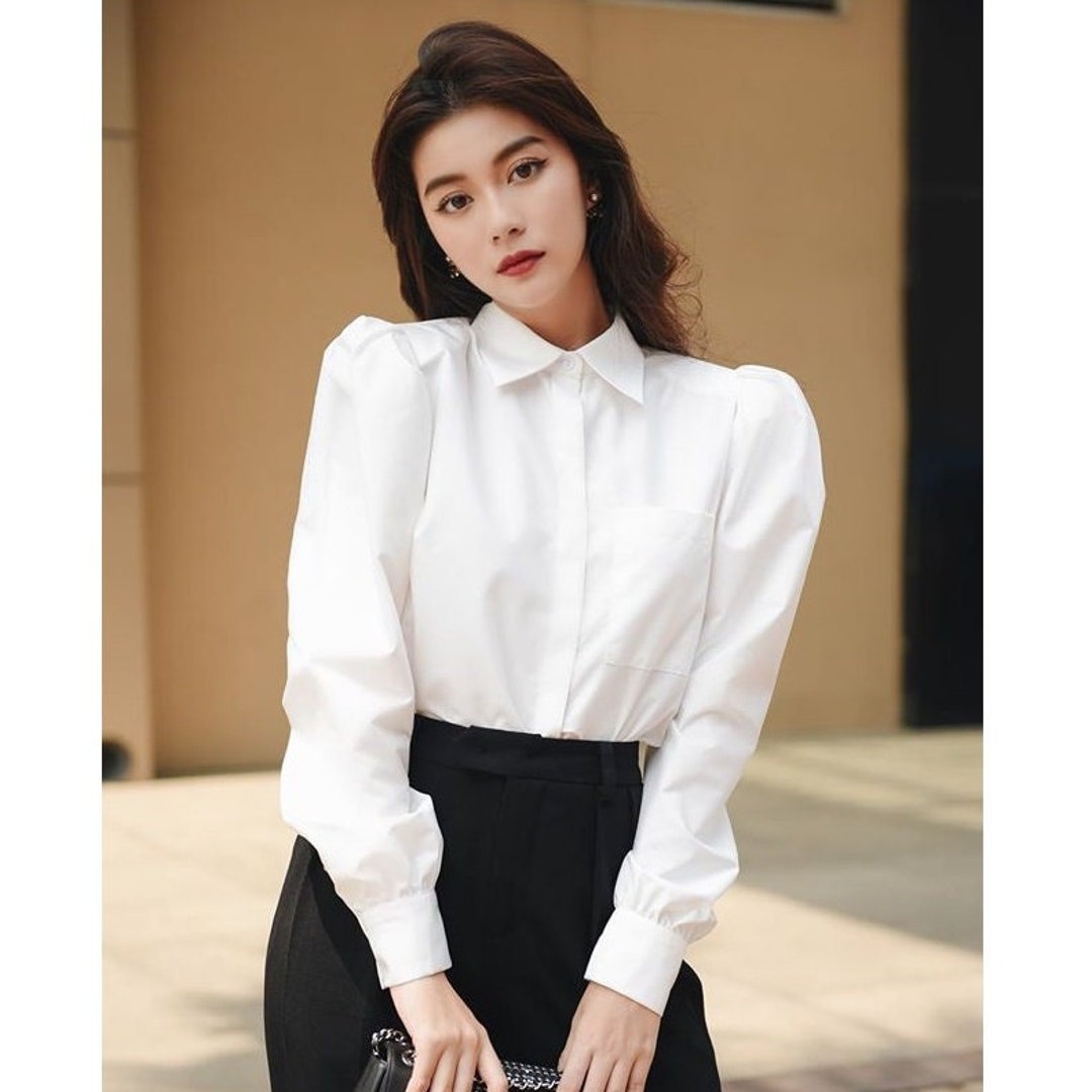 Puff Sleeves Linen Blouse - Pleated Cotton Poplin Women Blouse