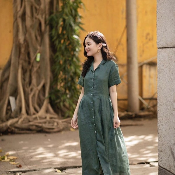 Short Sleeves Linen Dress in Midi / Maxi Length / Summer Linen Shirt Dress - A line Linen Shirtdress / Available in 50 Colors