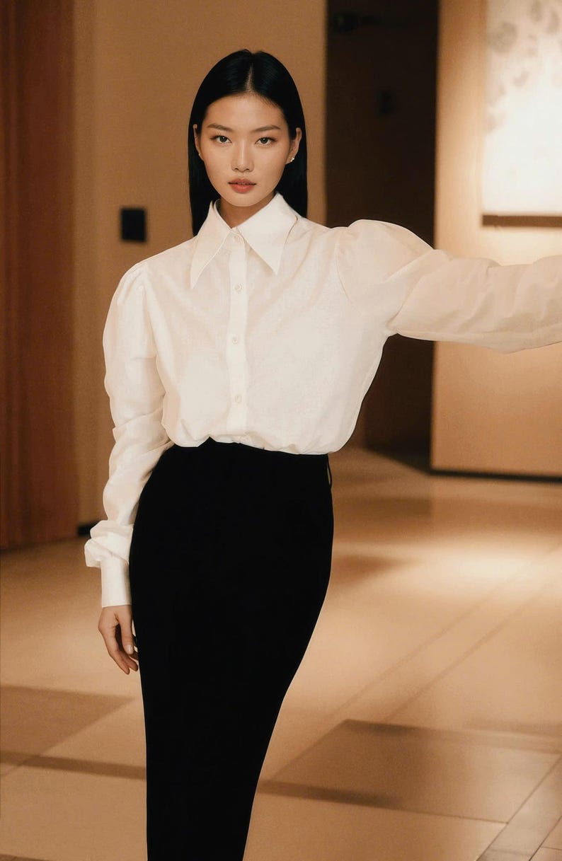 Puede incluir: Una mujer con una camisa blanca con cuello cl&aacute;sico y mangas largas, combinada con una falda l&aacute;piz negra de cintura alta. La camisa tiene botones. El conjunto es sencillo y elegante, adecuado para entornos profesionales o formales.