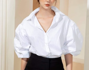 Puff Sleeves Blouse - Oversize Women Blouse - White Top with Bishop Sleeves