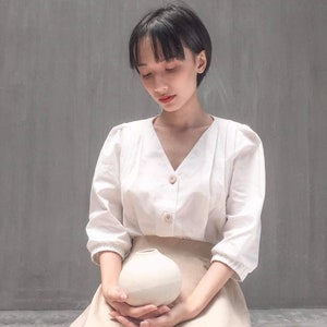 V Neck Linen Blouse - Linen Women Blouse - Ivory Linen Top with Long Bishop Sleeves