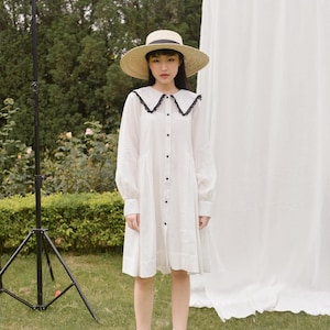 Loose Linen Dress with Long Sleeve and Large Collar / Contrast Color A-line Dress / Ruched Swing Dress with Front Buttons
