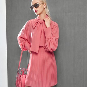 Bow Tie Neck Silk Shirt with Bishop Long Sleeve - Elegant Silk Shirt