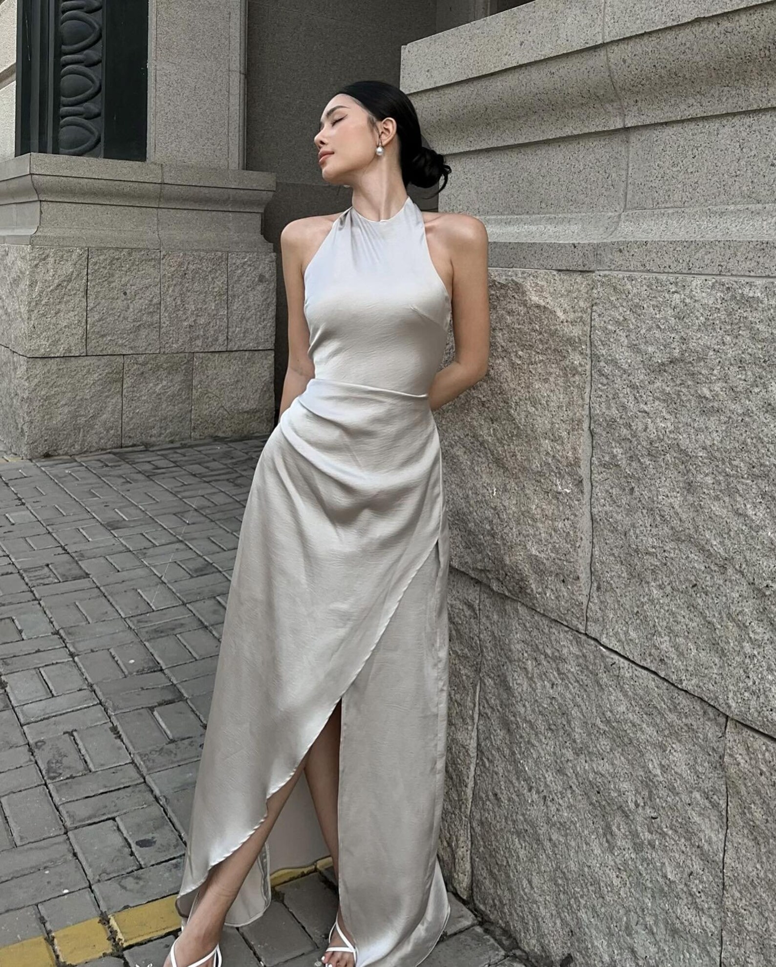 High Split Silk Dress/simple Wedding Guest Dress/halter Neckline Floor
