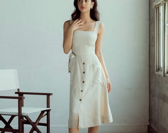 Button Dow Wedding Guest Midi Linen Dress With Sleeveless  and Square Neckline - A line Midi Linen Dress with Pockets