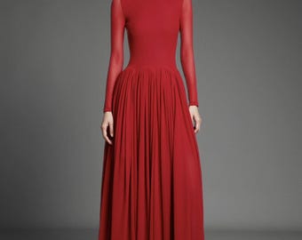 Vestido largo de algodón con cuello alto y mangas largas transparentes – Vestido largo de mujer a medida para ocasiones formales y de noche en varios colores.