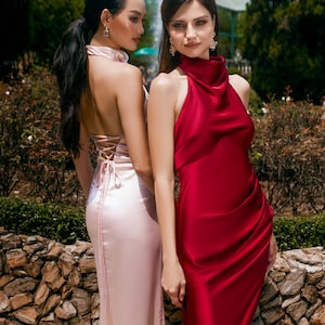 High Cowl Neck Maxi Silk Dress with Sleeveless and Dress - High Waist Long Dress - Open Back Silk Floor Length Dress - Draped Summer Dress