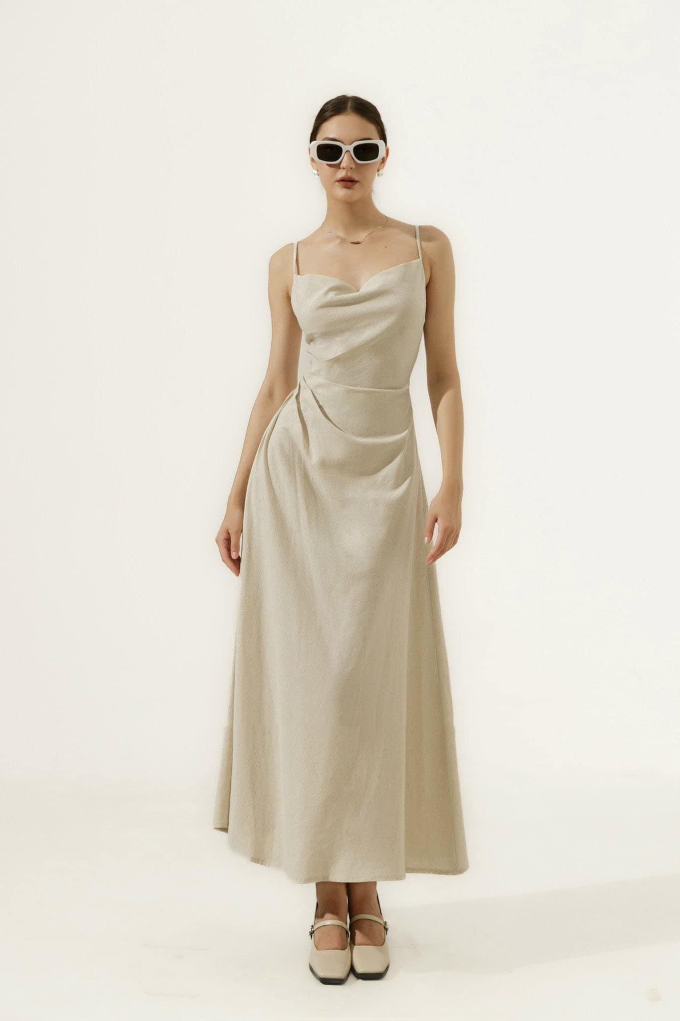 Draped Sleeveless Linen Dress - Thin Straps Linen Dress with Cowl Neck Draped Sleeveless Linen Dress - Thin Straps Linen Dress with Cowl Neck