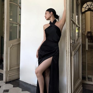 Halter Neck Dress - Grey Dress - Maxi Dress - Bridesmaid Dresses - Silk Dress - Gift For Her - High Waist Dress - Party Dress