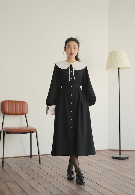 Black Linen Shirt Dress With Long Bishop Sleeves and Peter Pan Collar -  A-line Linen Shirtdress - LINEN MIDI / MAXI Dress - Etsy Denmark