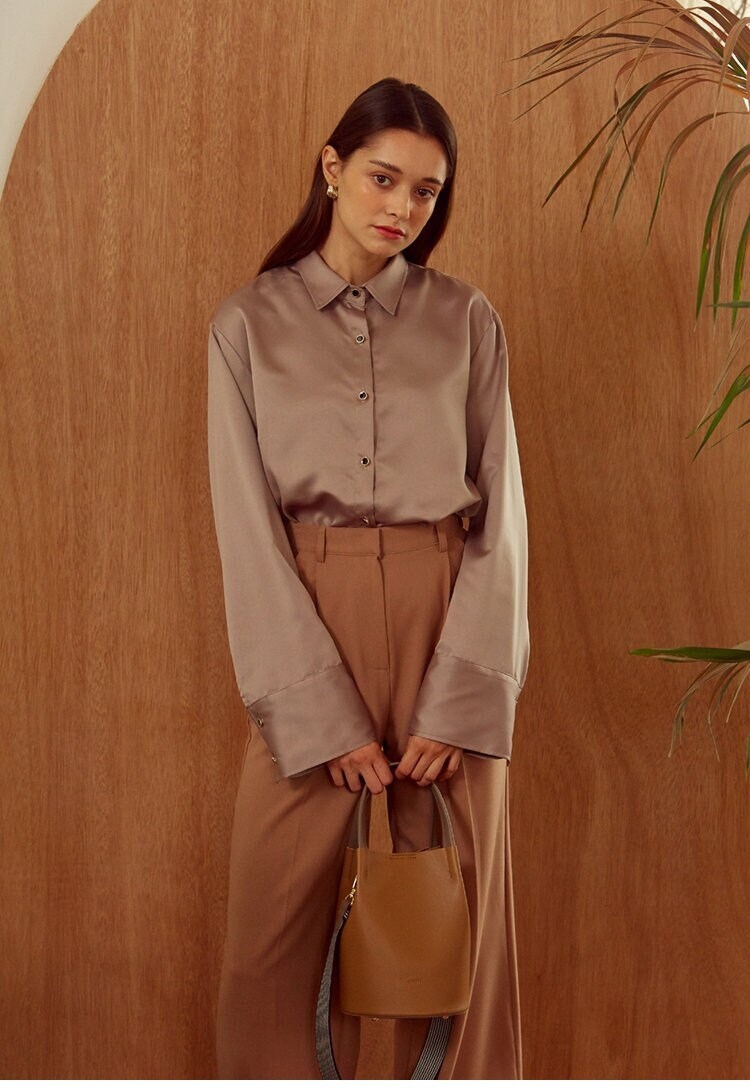 Button Up Silk Blouse with Bishop Long Sleeve - Formal Silk Shirt