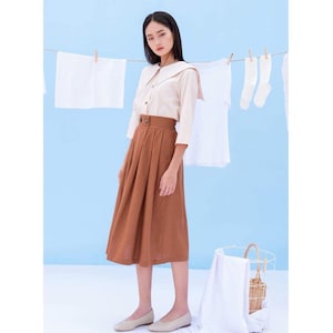 Pleated Linen Skirt with Black Elastic Waistband / Available in 50 Colors