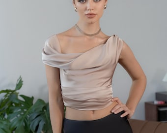 Cross Back Silk Top / Crop Top for Women / Sleeveless Blouse / One Shoulder - Cowl Neck Top / Adjustable Styles