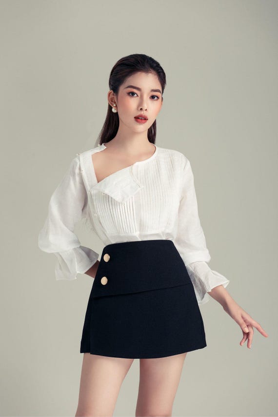 White Pleated Linen Blouse for Women – Long Sleeve Round Neck Shirt with Asymmetric Pearl Button Detail | Elegant Lightweight Office Top