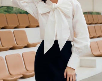 Blusa de popelina de algodón con lazo para mujer / Camisa de manga larga personalizada con cuello anudado llamativo / Blusa de trabajo elegante hecha a medida
