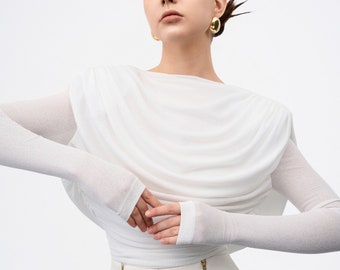 Tie Waist Silk Blouse with Bishop Long Sleeve in White