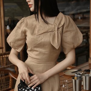 Puff Sleeve Midi Dress With Bow Neck / A Line Linen Dress for Women ...