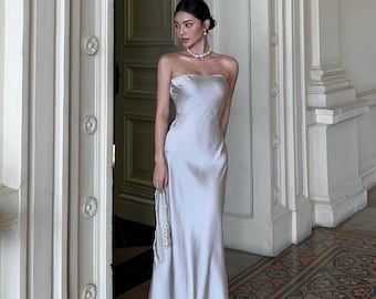 Off Shoulder Maxi Dress - Party Dress - Wedding Guest Dress - High Split Silk Maxi Dress