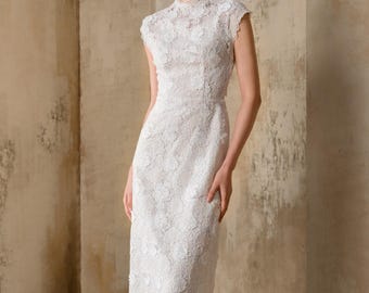 Modern White Floral Lace Wedding Guest Dress - High Neck Sleeveless Maxi Gown - Elegant Column Lace Maxi for Reception - Civil Wedding Dress