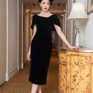 Robe mi-longue en velours pour invités de mariage à épaules dénudées - Robe midi moulante