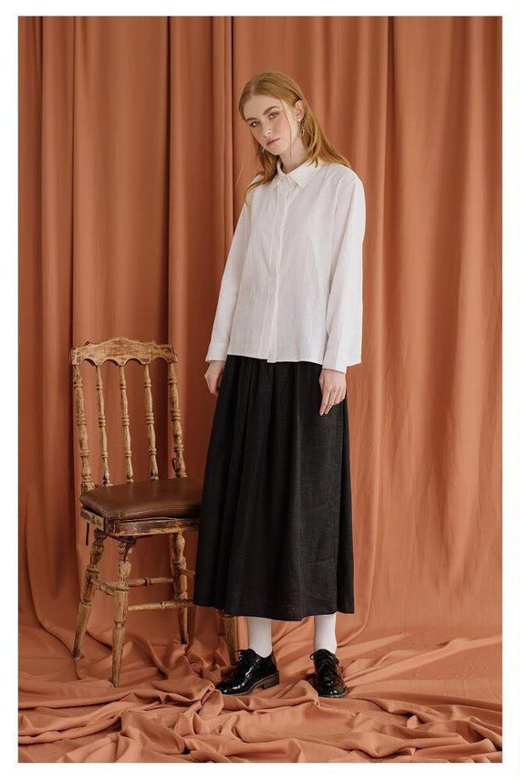 Linen Midi Skirt in Black With Elastic Waistband Available in 50