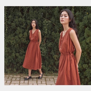 Loose Linen Summer Dress / Adjustable A-line Dress / Vintage Short Sleeve Dress with Front Buttons / Available in 50 Colors