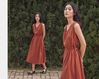 Loose Linen Summer Dress / Adjustable A-line Dress / Vintage Short Sleeve Dress with Front Buttons / Available in 50 Colors