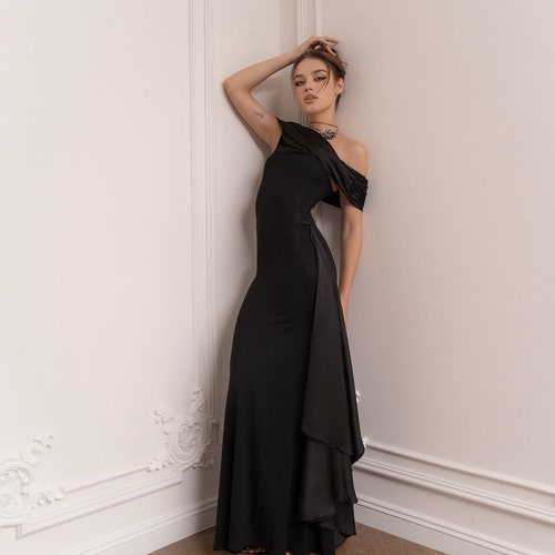 Black Bridesmaid Silk - Cotton Dress, Evening Dress, Wedding Guest Dress, Bodycon Dress, One Shoulder Dress, Formal Dress, Long Dress