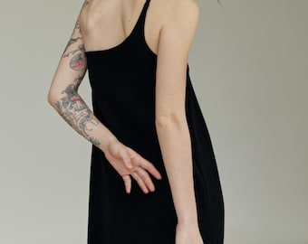 One Shoulder Black Maxi Dress, Asymmetrical Silk Long Gown, Minimalist Sleeveless Summer Party Dress, Elegant Evening Slip Dress for Women
